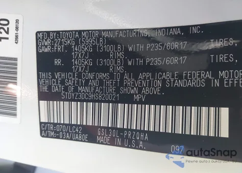 2017 Toyota Sienna Xle 8 Passenger z USA, uszkodzony, nr VIN 5TDYZ3DC9HS820021